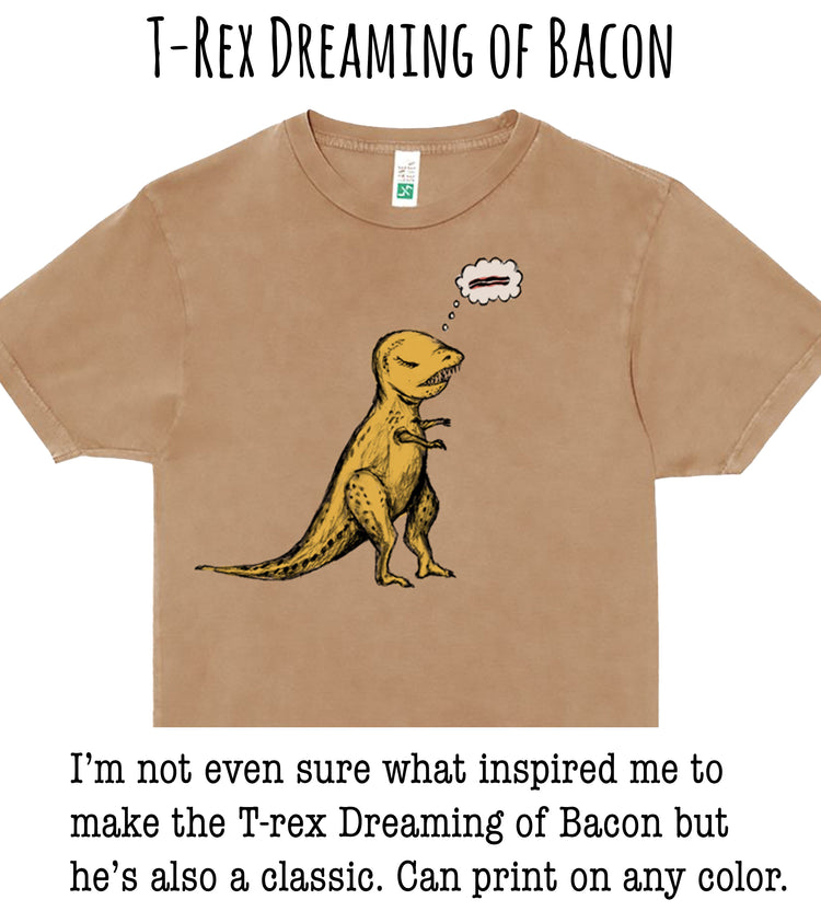 a T-Rex dinosaur with a thought bubble above it, wearing a brown t-shirt.