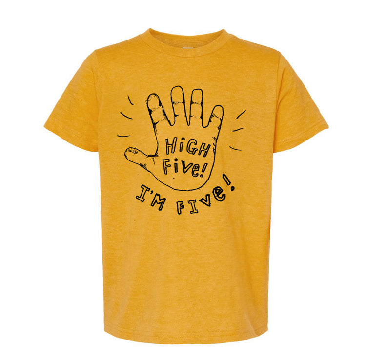 A yellow t-shirt with a handprint graphic and the text "High Five! I'm five!" printed on it.