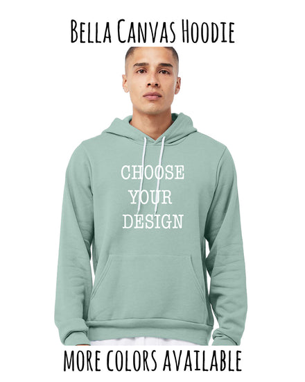 A man wearing a light green hoodie with the text "Choose your design" printed on it.