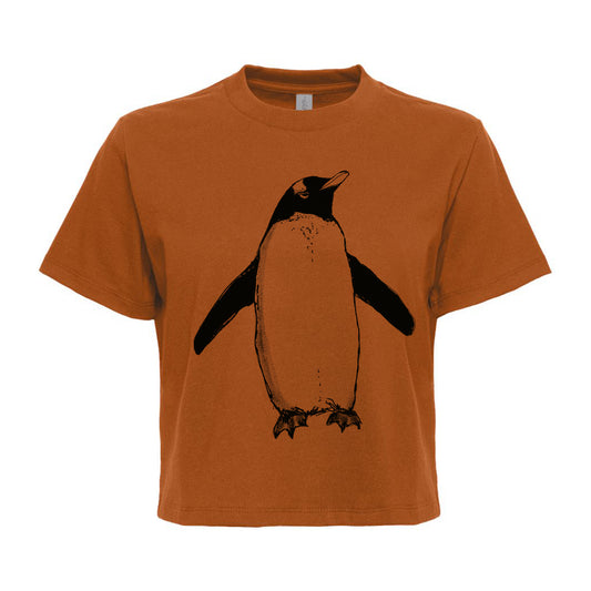 Boxy Cropped Tee – Women's Soft Cotton Tee With Hand Drawn Penguin Design