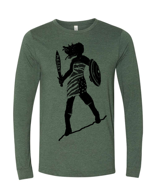 Long Sleeve Tee Resist Feminist Shirt - Heather Forest Cotton, Super Soft