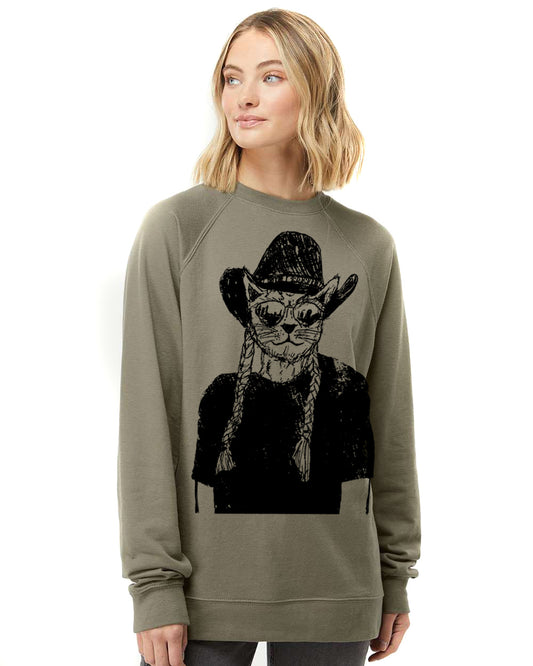 Unisex Crewneck Sweatshirt - Slim Fit Loopback Terry Eco Friendly Willie Cat Design