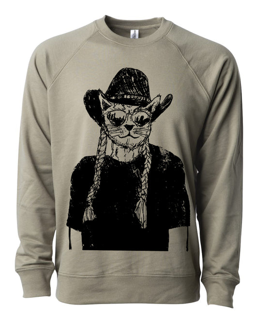 Unisex Crewneck Sweatshirt - Slim Fit Loopback Terry Eco Friendly Willie Cat Design