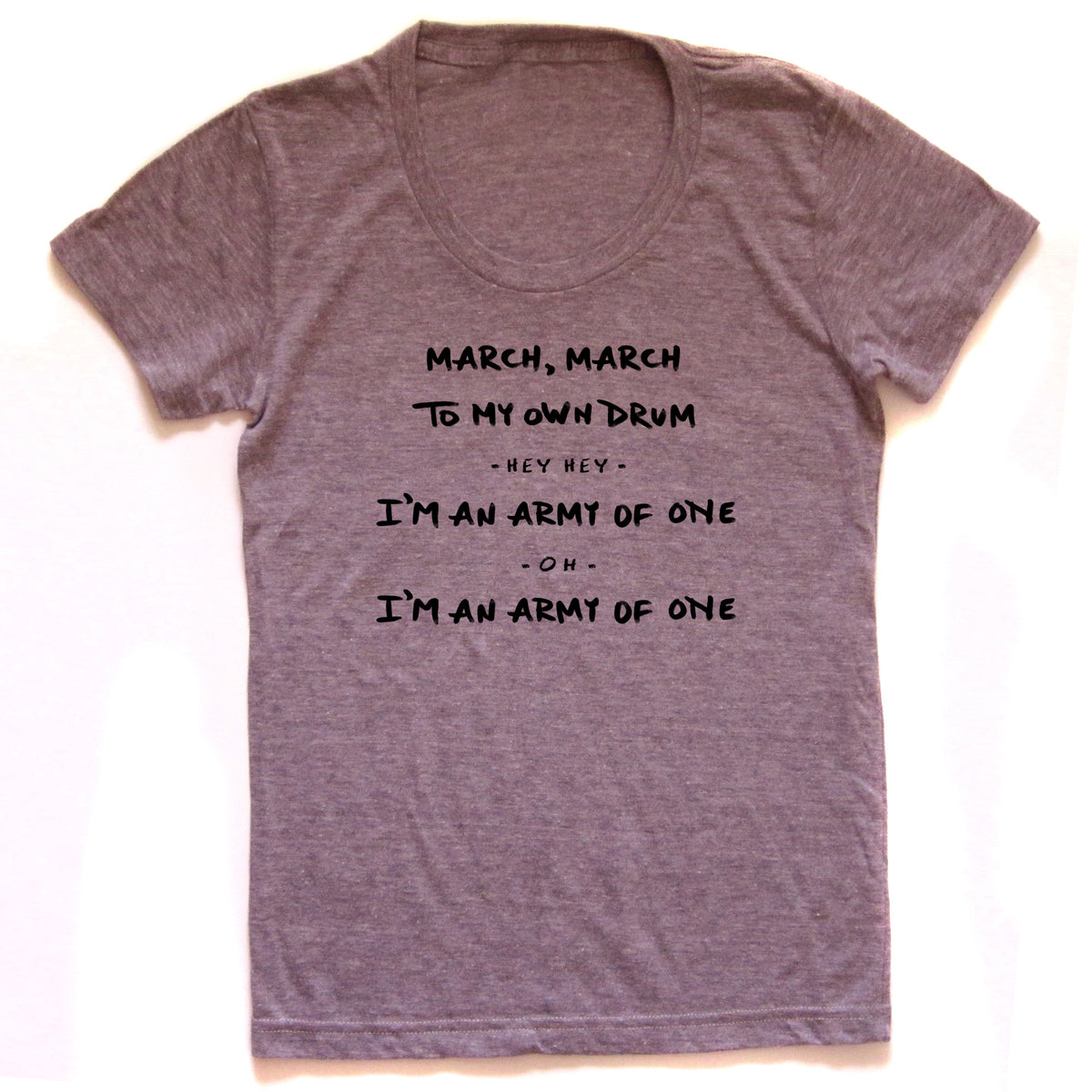 A gray t-shirt with text printed on it.