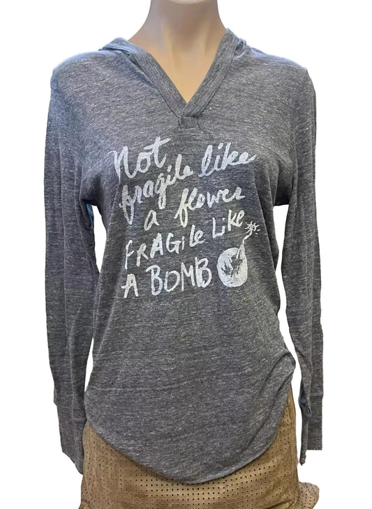 A gray hooded sweatshirt with white text printed on it.