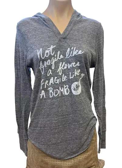 A gray hooded sweatshirt with white text printed on it.