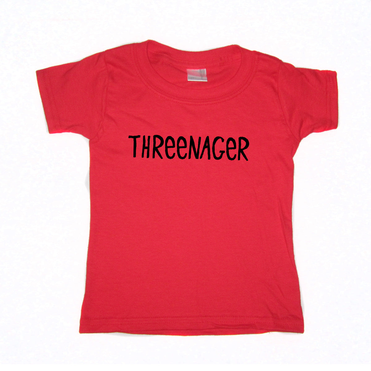 A red t-shirt with the text "THREEENACER" printed on it.