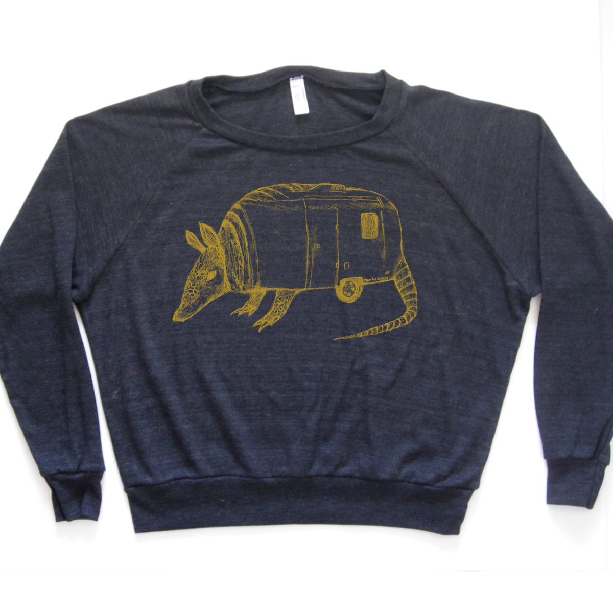A dark-colored sweater with a yellow graphic of an armadillo printed on it.