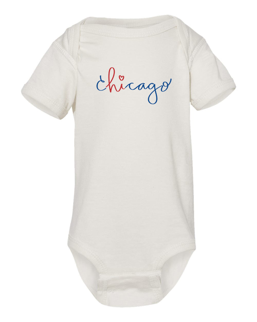 A white baby onesie with the word "Chicago" written in blue cursive text across the front.