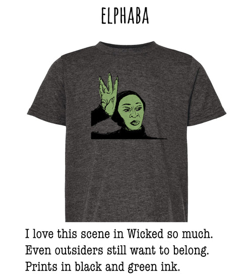 A gray t-shirt with a graphic design depicting a character from the movie "Wicked" with a greenish-green color scheme.