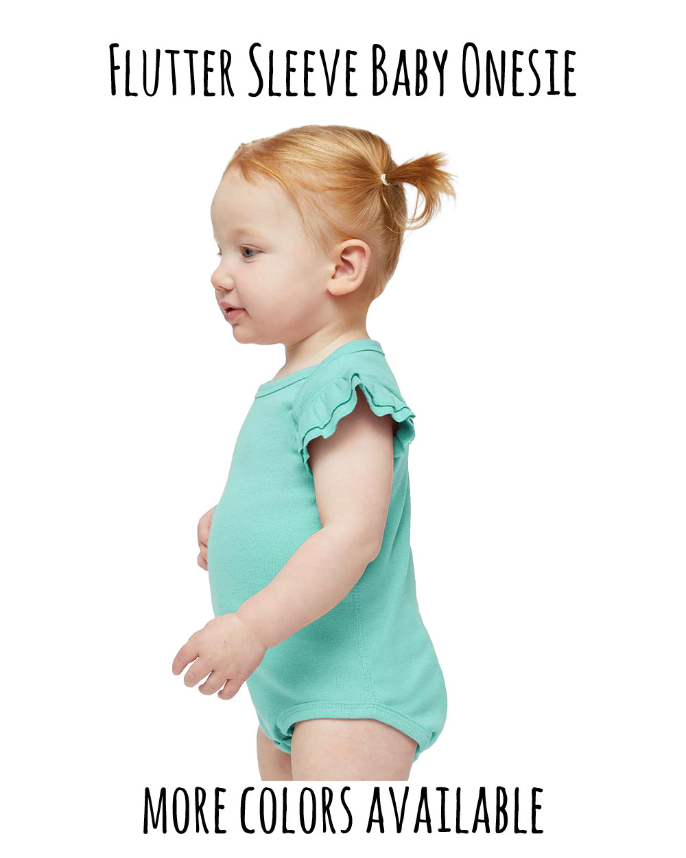 A young child wearing a turquoise onesie with a ruffled sleeve and a ponytail hairstyle.