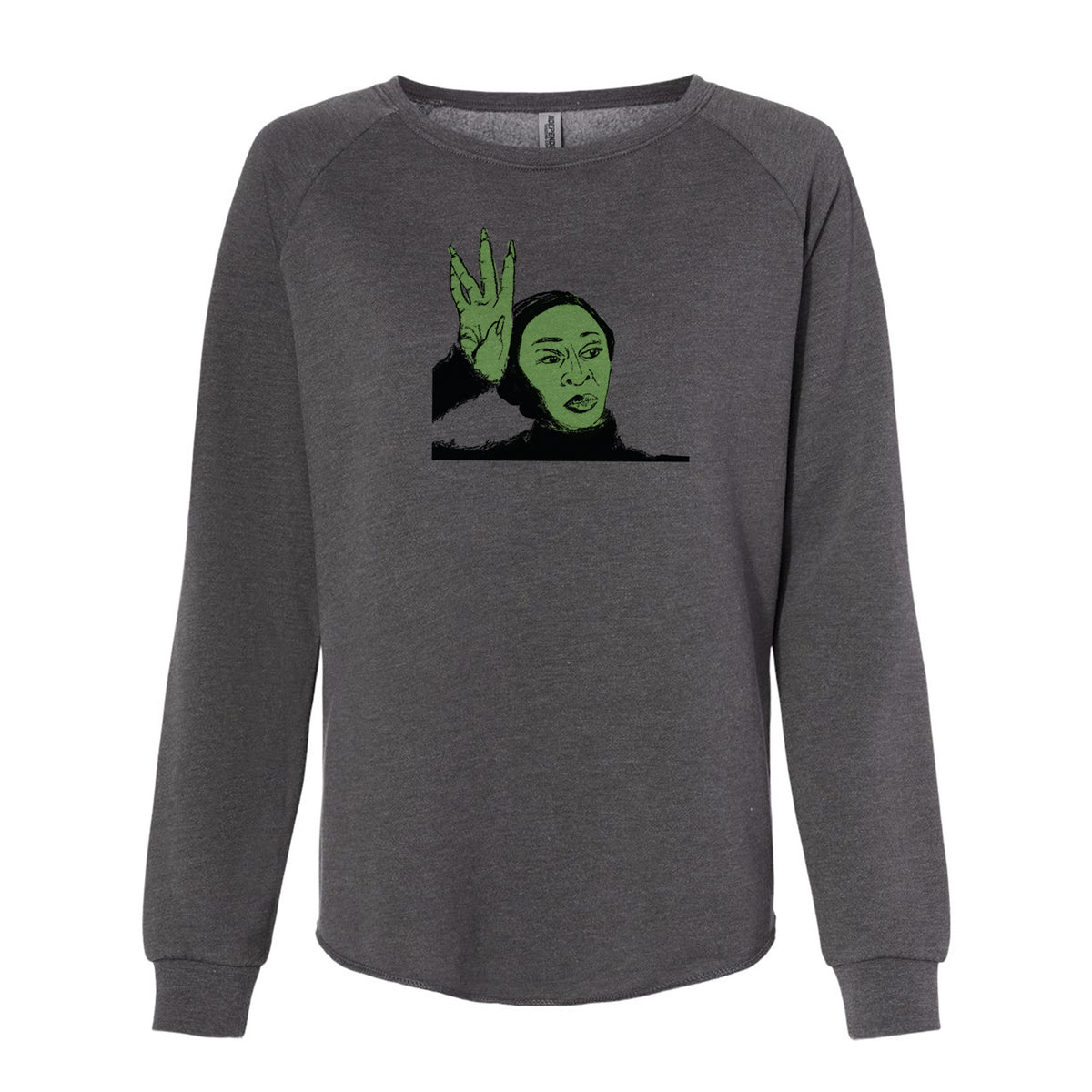 A gray sweatshirt with a graphic design depicting a person's face with green eyes and a green face.