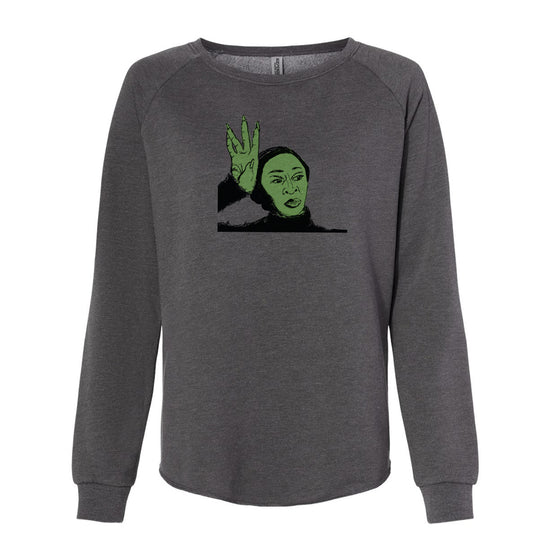 A gray sweatshirt with a graphic design depicting a person's face with green eyes and a green face.