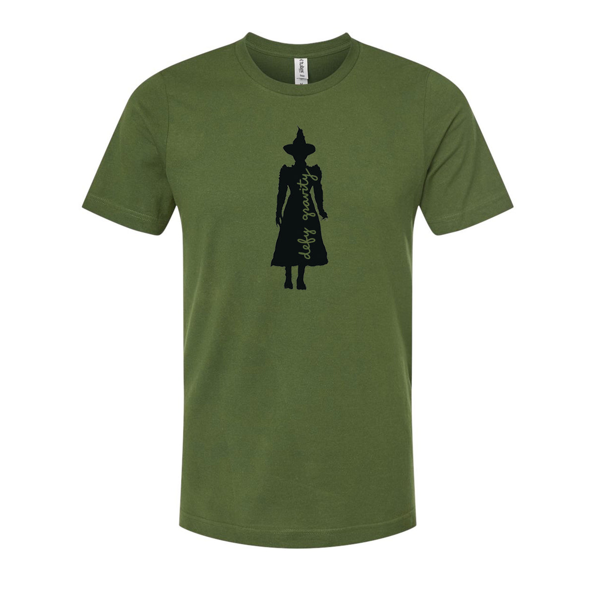 A green t-shirt with a black silhouette of a person wearing a hat and a long dress.