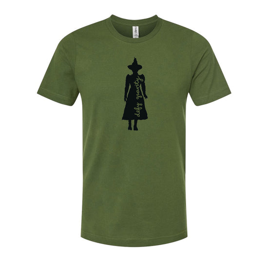 A green t-shirt with a black silhouette of a person wearing a hat and a long dress.