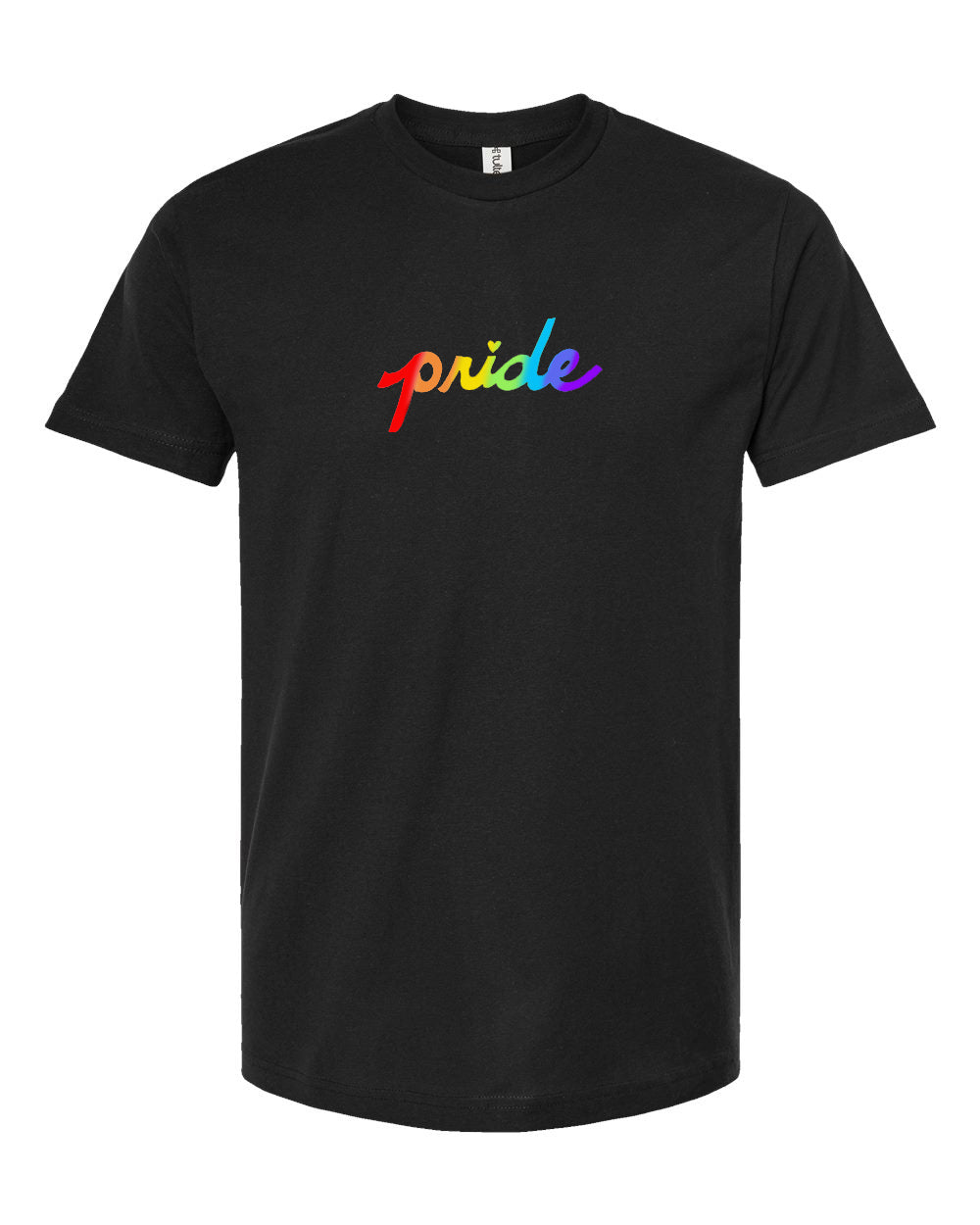 A black t-shirt with the word "pride" printed in rainbow colors.