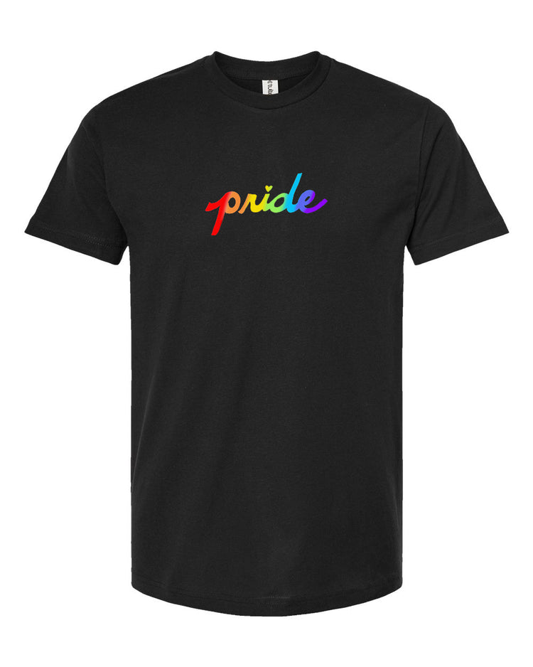 A black t-shirt with the word "pride" printed in rainbow colors.