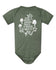 A green baby onesie with a white graphic design on it. The design features a tree with mushrooms and leaves, along with the text "Time spent among trees is never wasted".