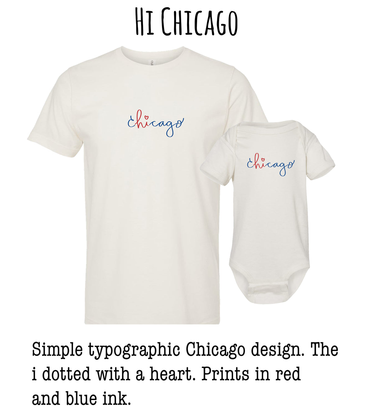 A white t-shirt with the text "Chicago" printed on it, along with a smaller version of the same t-shirt, both featuring the same design and color scheme.