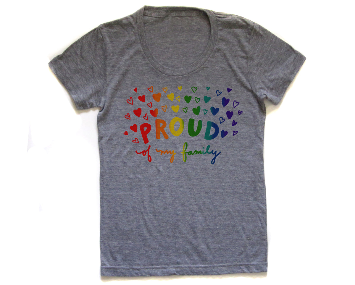 A gray t-shirt with a colorful graphic design and text printed on it.