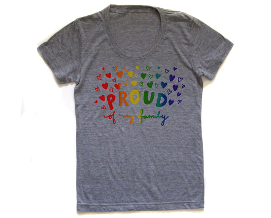 A gray t-shirt with a colorful graphic design and text printed on it.