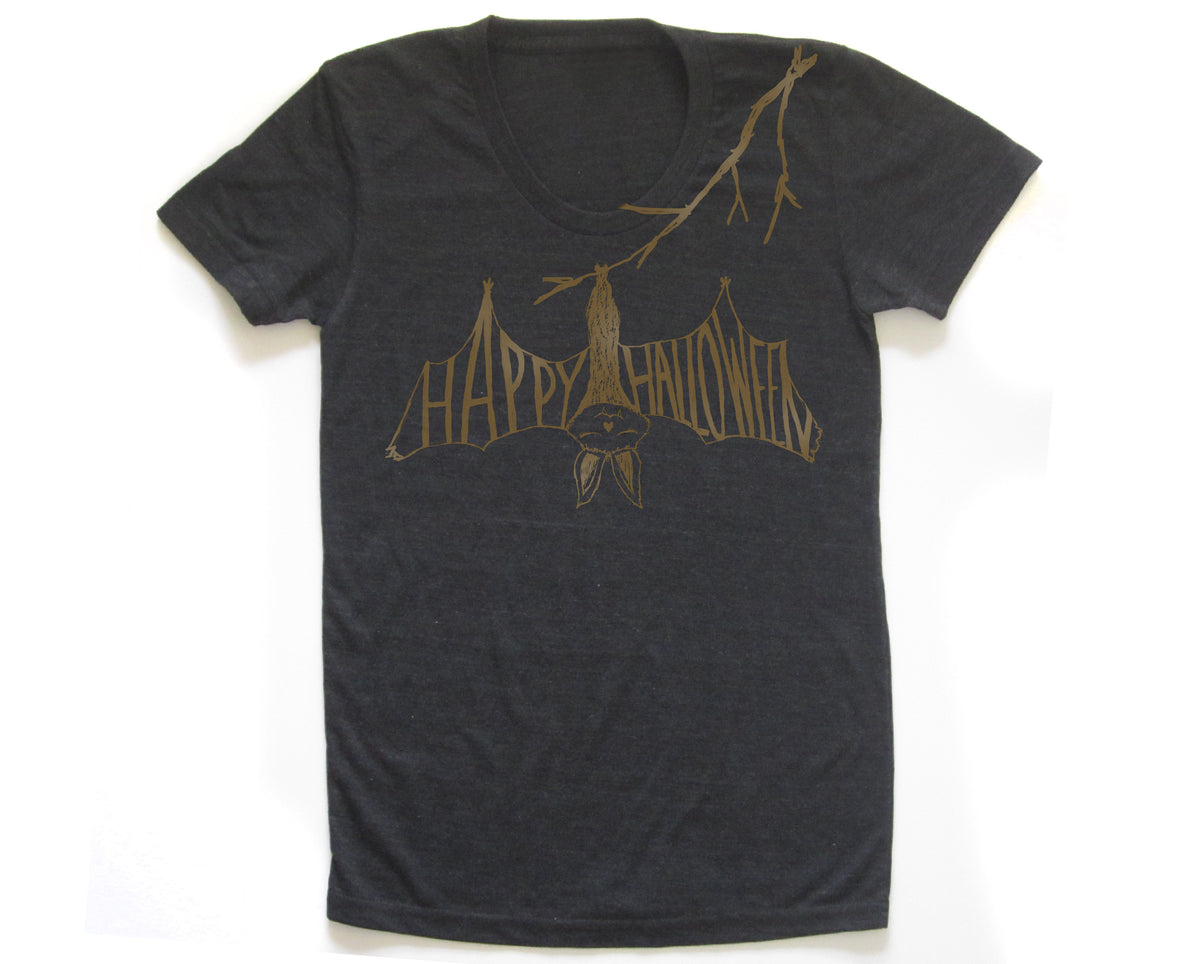 A black t-shirt with a graphic design featuring a bat and the text "Happy Halloween" printed on it.