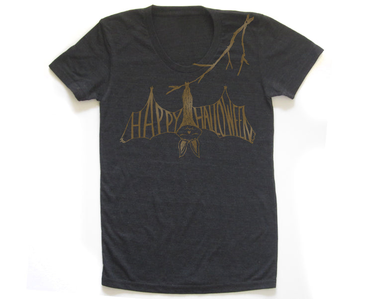 A black t-shirt with a graphic design featuring a bat and the text "Happy Halloween" printed on it.