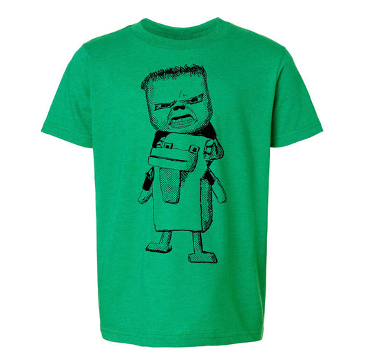 A green t-shirt with a black and white illustration of a cartoon character.