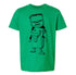 A green t-shirt with a black and white illustration of a cartoon character.