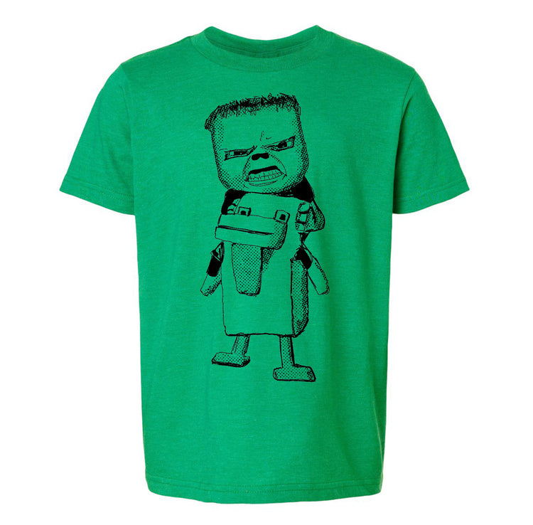 A green t-shirt with a black and white illustration of a cartoon character.