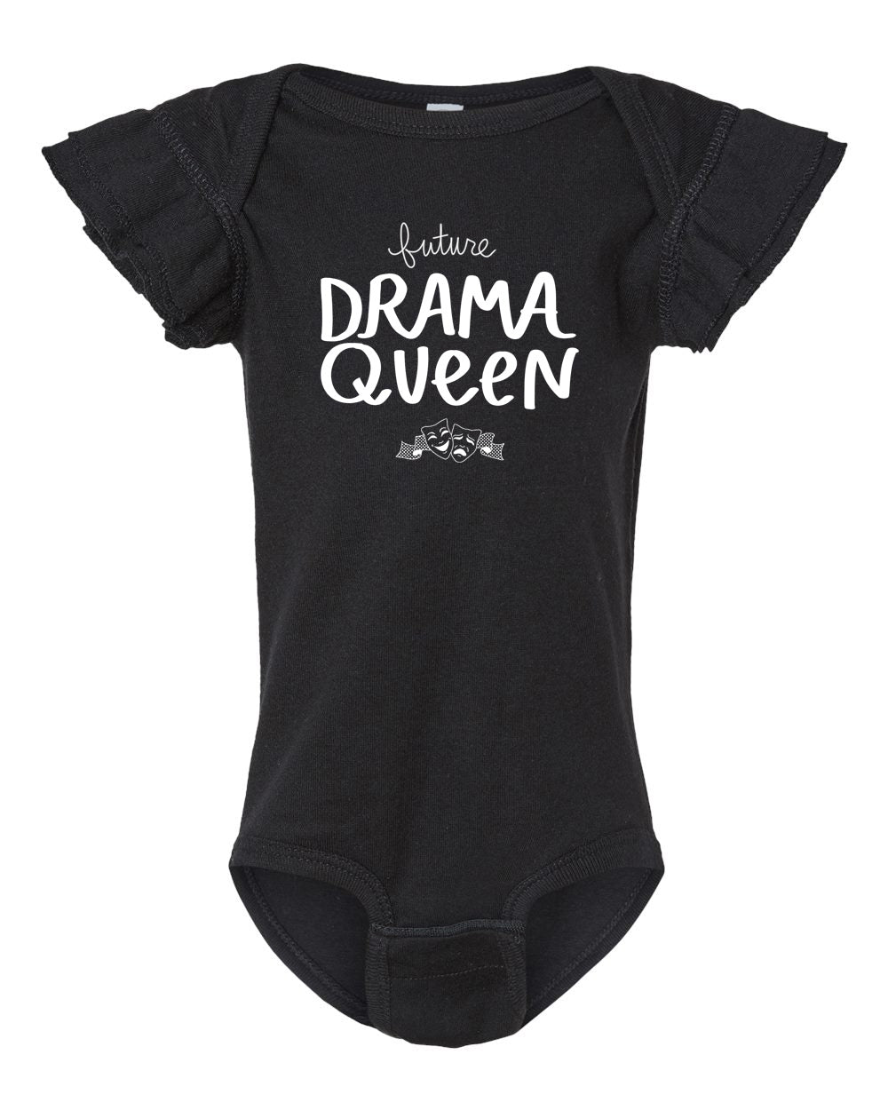 A black baby onesie with the text "Future Drama Queen" printed on it.