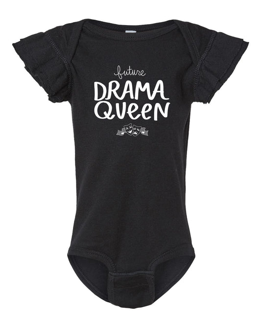 A black baby onesie with the text "Future Drama Queen" printed on it.
