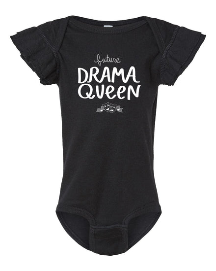 A black baby onesie with the text "Future Drama Queen" printed on it.