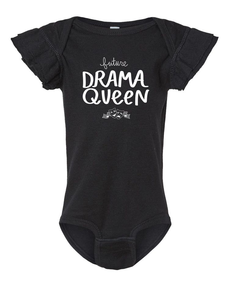 A black baby onesie with the text "Future Drama Queen" printed on it.
