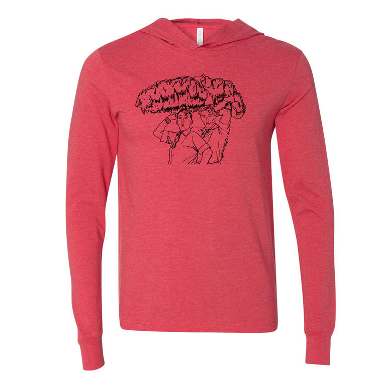 A red hoodie with a graphic design on the front depicting a person holding a large umbrella.