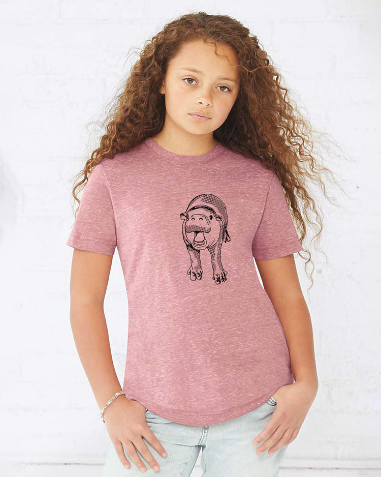 A young girl with curly hair wearing a pink t-shirt with a graphic of a cartoon character.