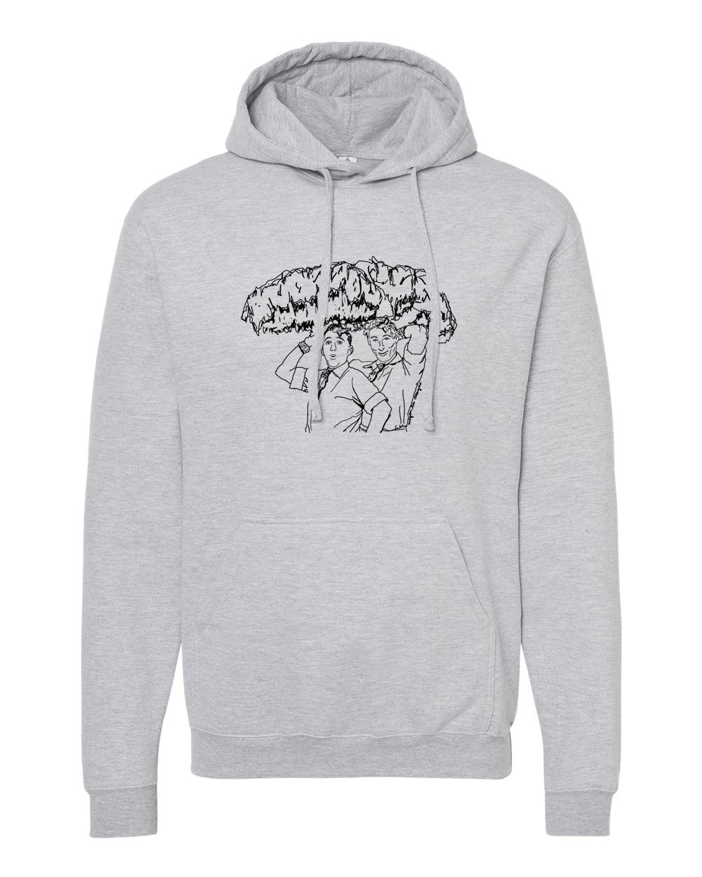 A gray hoodie with a graphic design depicting a person holding a large umbrella.