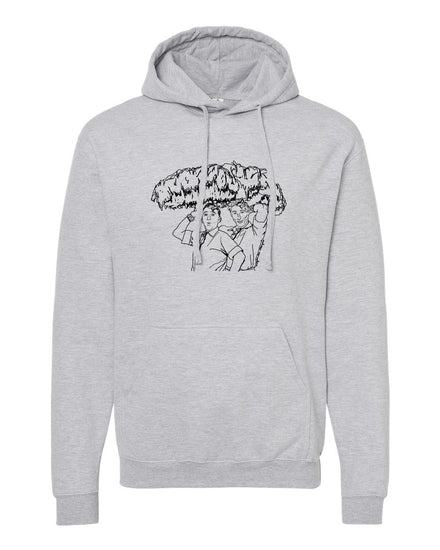 A gray hoodie with a graphic design depicting a person holding a large umbrella.