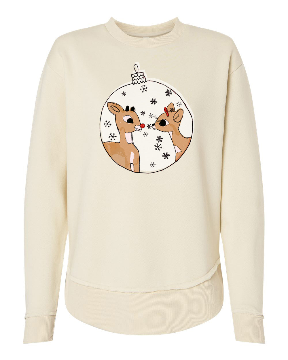 A cream-colored sweater with a circular graphic design featuring two cartoon reindeer, one with a red bow, surrounded by snowflakes.