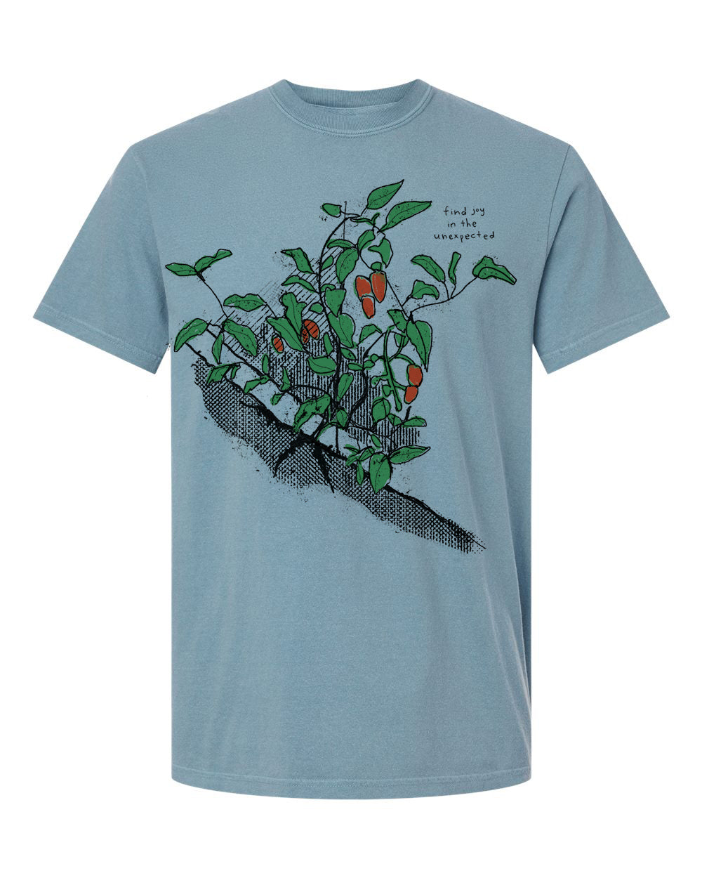A light blue t-shirt with a graphic design depicting a plant with green leaves and orange fruits.