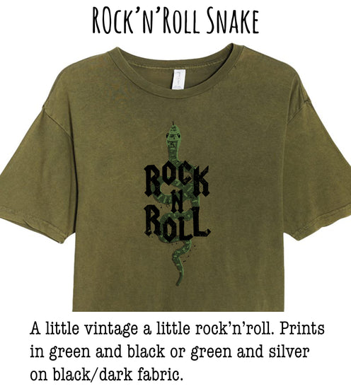 A green t-shirt with the text "ROCK'N'ROLL SNAKE" printed on it.
