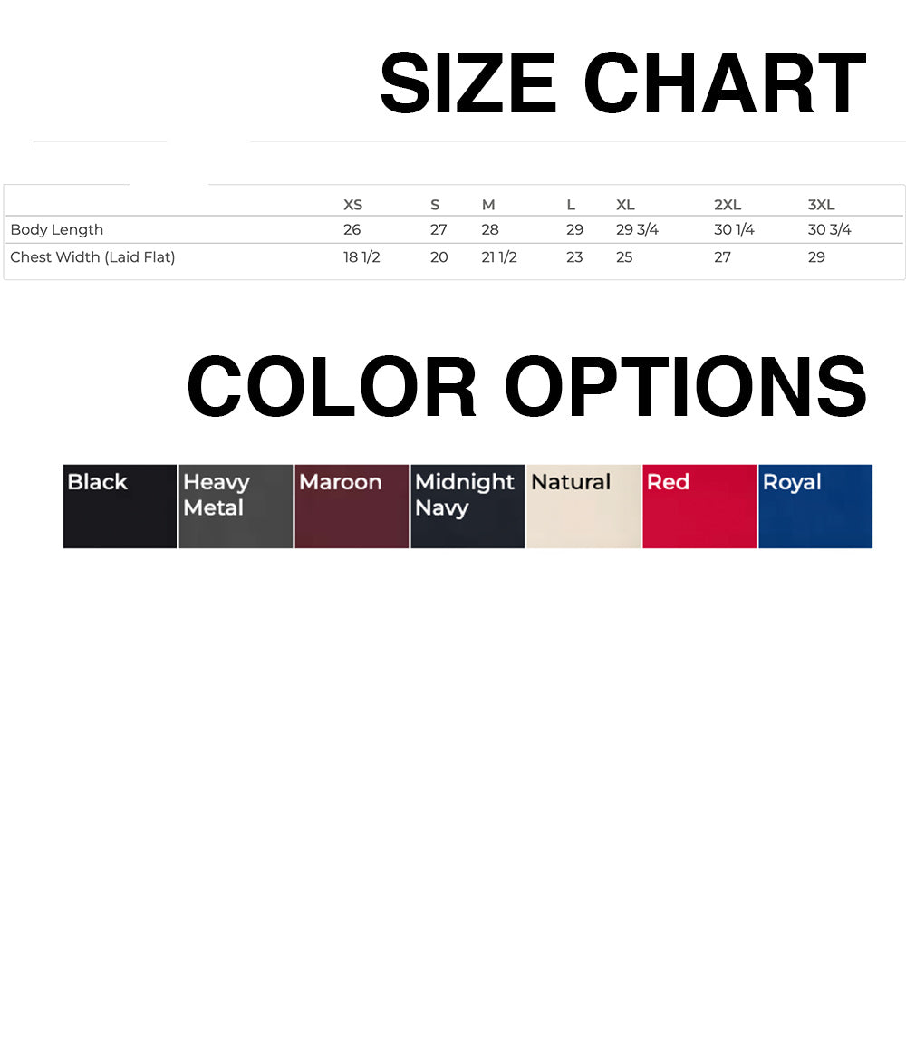 The image is a size chart that provides information about the length, chest width, and color options of a garment.