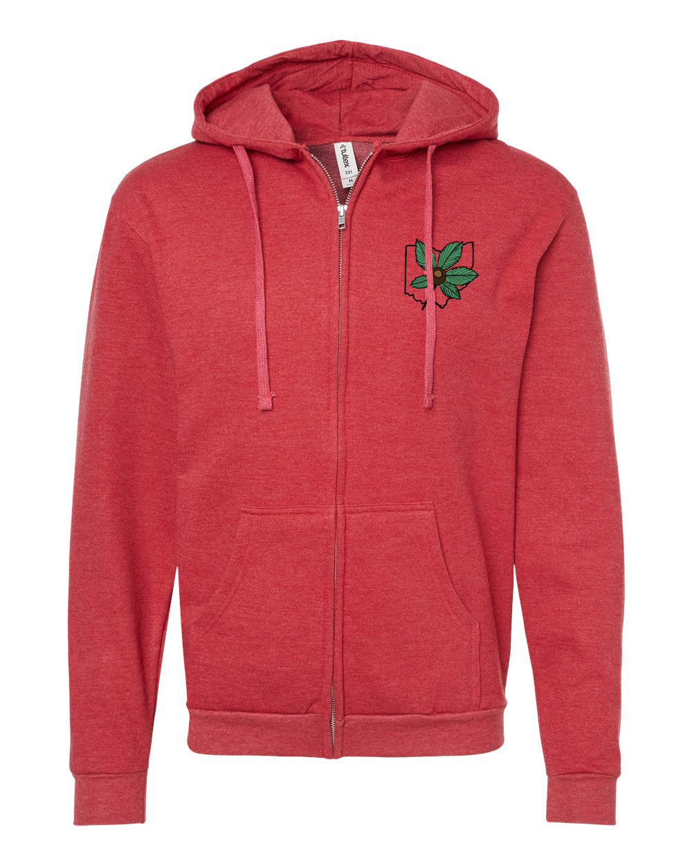 A red zip-up hoodie with a graphic of a leaf on the front.