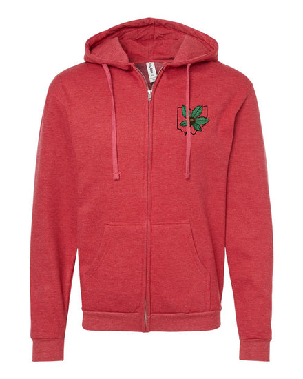 A red zip-up hoodie with a graphic of a leaf on the front.