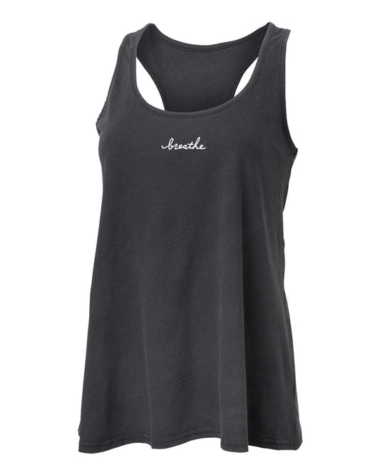A black tank top with the word "breathe" printed on it in white text.
