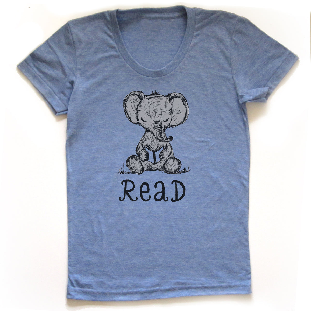 A light blue t-shirt with a graphic of a seated elephant and the text "Read" printed on it.