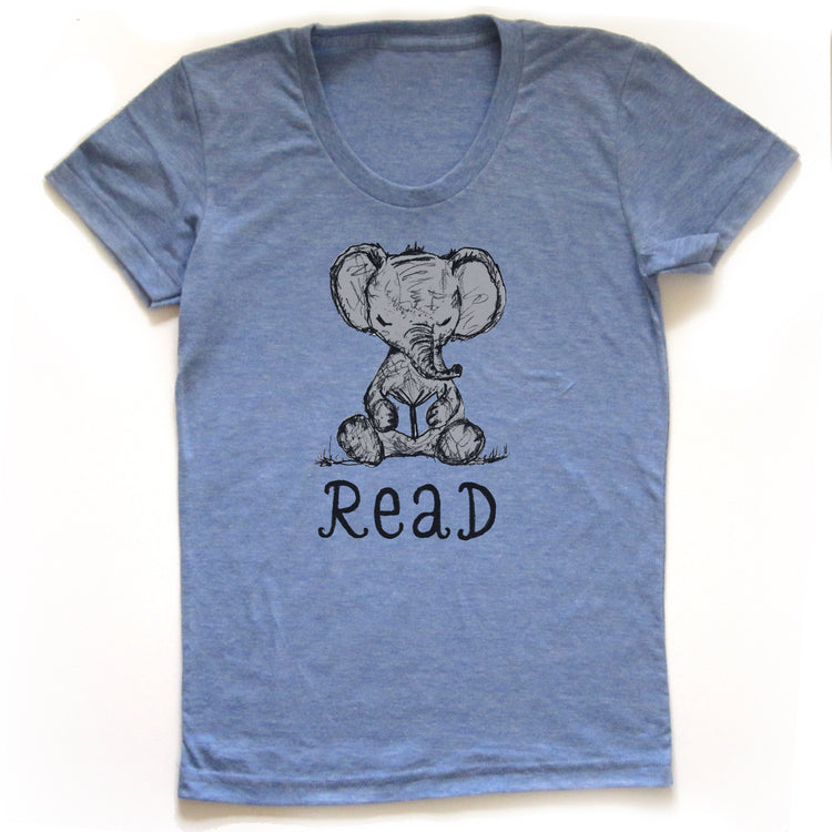 A light blue t-shirt with a graphic of a seated elephant and the text "Read" printed on it.