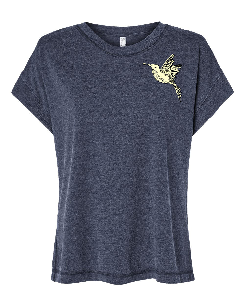 A gray t-shirt with a yellow bird embroidered on the left side.