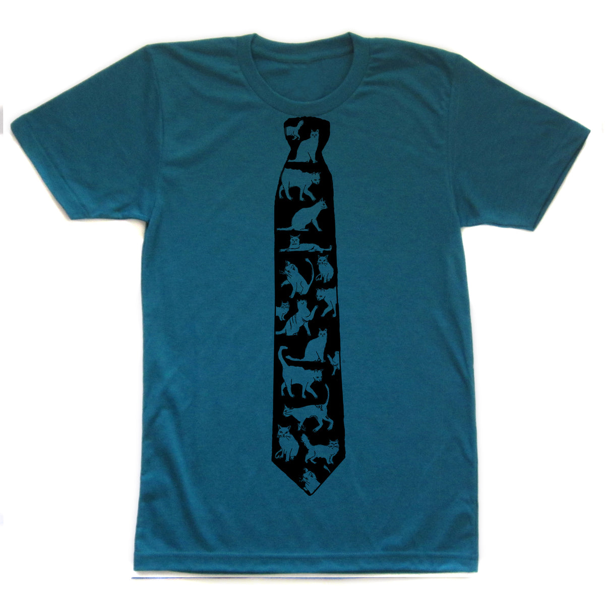 A teal-colored t-shirt with a black tie printed on it, featuring a repeating pattern of cat silhouettes.