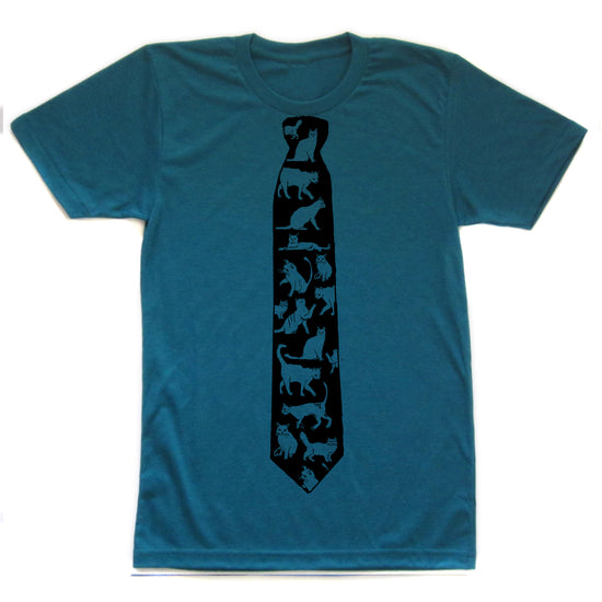 A teal-colored t-shirt with a black tie printed on it, featuring a repeating pattern of cat silhouettes.